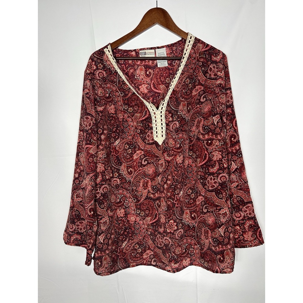 Vintage Faded Glory Womens  22/24 Boho Peasant Blouse Paisley Floral Long Sleeve